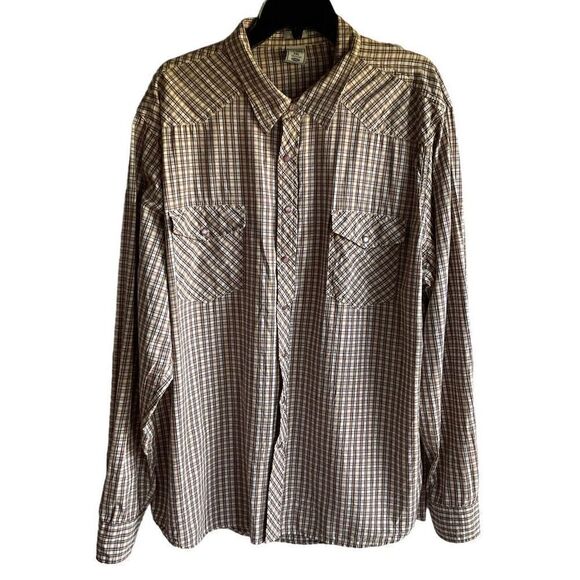 Old Navy Vintage Fit Shirt Collar Plaid Tan Blue Red Brown Snap Front Men XXL - Picture 1 of 11